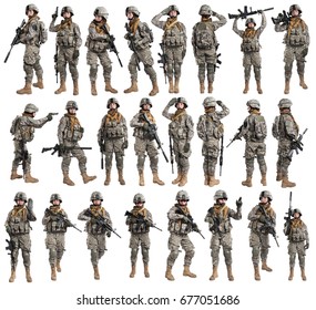 Female in US Army soldier with rifle. Shot in studio. Isolated with clipping path on white background