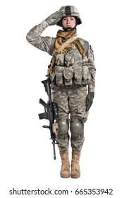 Female In US Army Soldier Uniform Saluting And Smile Look At The Camera. Shot In Studio. Isolated With Clipping Path On White Background