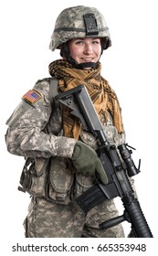 Female In US Army Soldier Uniform Smile Look At The Camera. Shot In Studio. Isolated With Clipping Path On White Background