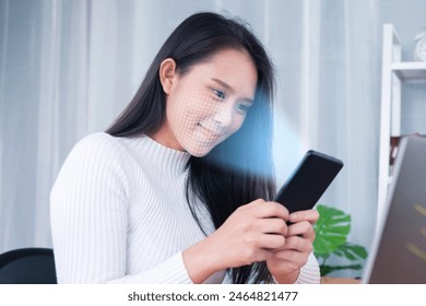 Female using mobile smartphone scanning  face ID to unlock phone security with facial recognition technology for identification, with graphical technology illustration.