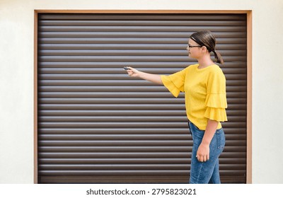  Female Using Remote to Open Roller Shutter Garage Door 