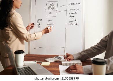 Female UX Designer Drawing And Writing Her Ideas On Whiteboard When Having Meeting With Colleague