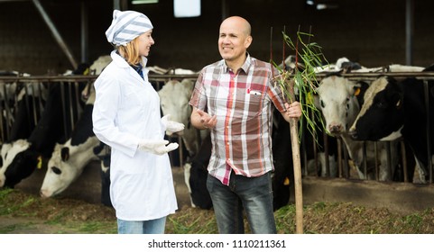 Female Vet And Professional Worker Talking In Livestock Barn
