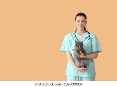 Female veterinarian with cute cat on beige background