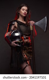 Female Viking Warrior With Axe And Helmet