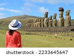 Female Visiting the Iconic Fifteen Moai Statues of Ahu Tongariki on Easter Island, Chile, South America