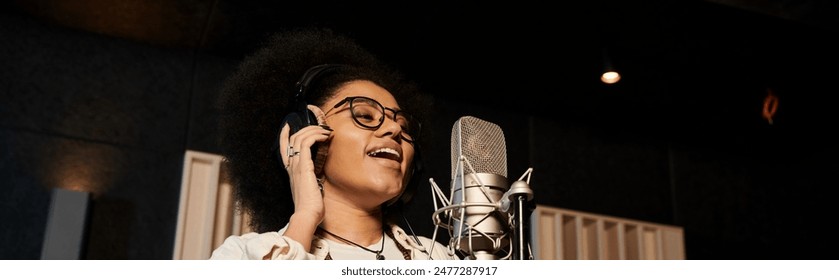 A female vocalist passionately sings into a microphone in a professional recording studio during a music band rehearsal. - Powered by Shutterstock