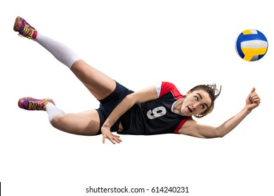 Female Volleyball Player Reaching The Ball On The Ground Isolated