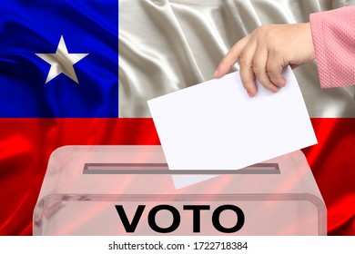 Female Voter Drops A Ballot In A Transparent Ballot Box On The Background Of The National Flag Of Chile, Vote In Spanish, Concept Of State Elections, Referendum