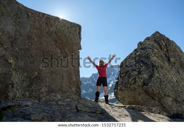 Female Walker Stands Between Two Rocks Stock Photo 1532717231 ...