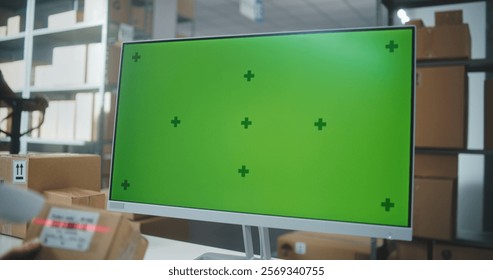 Female Warehouse Associate Scans Code on Cardboard Box with Scanner, Enters Parcel Information on Computer, Works in Delivery Service. PC Screen Shows Green Screen Chroma Key Template. Handheld.