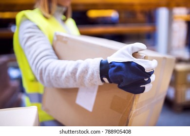 Female Warehouse Worker Loading Boxes.