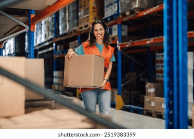 Female warehouse worker organizes boxes on shelves with precision, embodying the importance of careful planning and efficiency in maintaining orderly stock environments. - Powered by Shutterstock