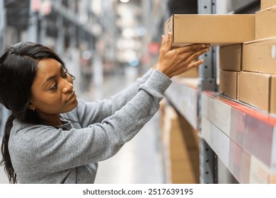 Female warehouse worker organizing boxes on shelves in large storage facility, logistics and supply chain management, inventory control, order fulfillment, retail distribution and stock management - Powered by Shutterstock