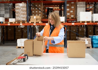 Female warehouse worker organizing cardboard boxes on packing table - Powered by Shutterstock