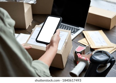 Female warehouse worker seller, small stock business owner holding phone mock up screen ad scan retail package parcel bar code on commercial shipping box delivery order on smartphone using mobile app.