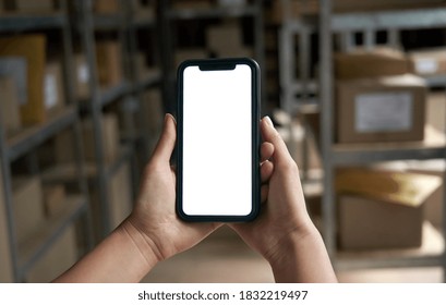 Female Warehouse Worker, Small Stock Business Owner Holding Cell Phone In Hands Mock Up Screen Ad Checking Retail Package Parcels For Commercial Shipping Boxes Delivery Using Mobile App On Smartphone.