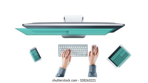 Female Web Designer And Developer Working On A  Responsive Website, Hands Top View, White Background