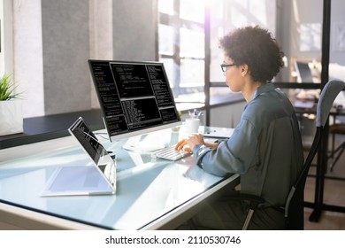 Female Web Programmer Coding On Computer. Software Development