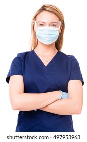 Female Woman Doctor Nurse Practitioner Dental Hygienist In Mask And Safety Glasses Isolated On White Background