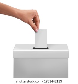 Female Or Women Voter Holds Envelope In Her  Hand Above Vote Ballot For Casting Vote White Background