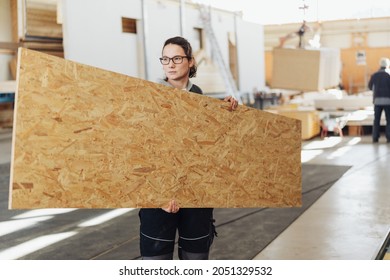 Female worker carrying a sheet of plywood or compressed board in a woodworking factory or workshop in a production concept - Shutterstock ID 2051329532