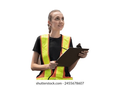 Female worker holding clipboard during working on white background. Female engineer working on white background - Powered by Shutterstock