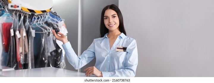 Female Worker Near Counter, Banner Design. Dry-cleaning Service