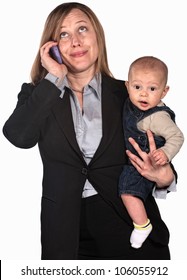 Female Worker On Phone Holding Baby Over White Background