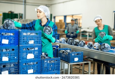 Female worker sorting red cabbage on a vegetable processing factory