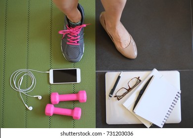 Female Workout And Work At Home To Balance Life . Active Fitness To Play On Healthy And Strong Body With Laptop , Mat,weight ,mobile Phone And Sneakers.