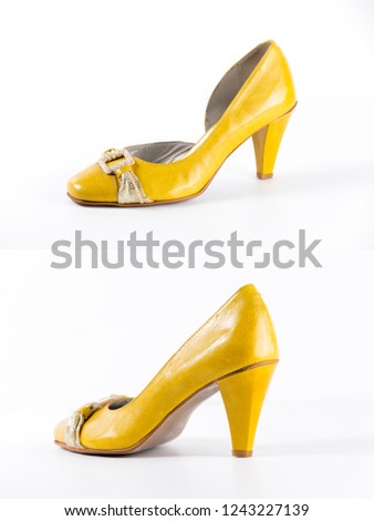 Female yellow leather shoe on white background, isolated product, comfortable footwear.