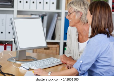 Females Of Different Generations Looking At The Computer, Working Together In The Office.