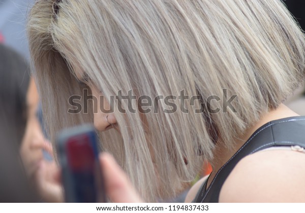 Females Hair Styled Bleach Blonde Bob Stock Photo Edit Now