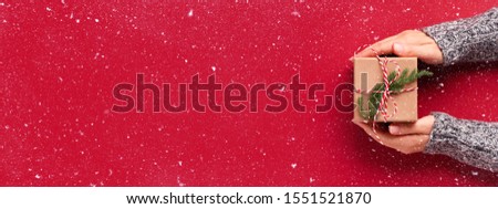 Female's hands in pullover holding Christmas gift box decorated with evergreen branch on red background with snow. Christmas and New Year banner.