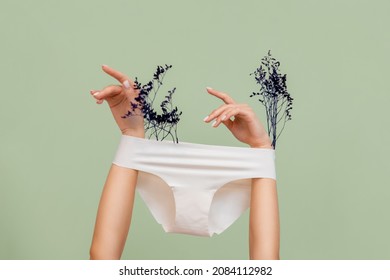 Female's hands, which hold dry plants, arms are wearing white panties. Green background. The concept of epilation of intimate areas and gynecology.