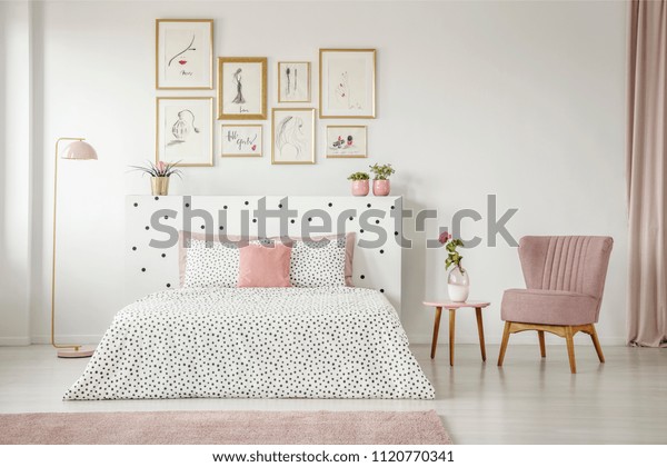 Feminine Bedroom Interior White Walls Polka Stock Photo