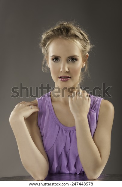 Feminine Blonde Woman Wearing Soft Purple Stock Photo Edit Now