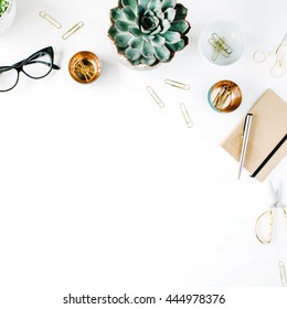 feminine desk workspace with succulent, retro camera, scissors, diary, glasses and golden clips on white background. flat lay, top view - Shutterstock ID 444978376