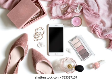 Feminine Fashion Background With Mobile Phone Mockup, Cosmetics, Shoes. Beauty Blog Flat Lay, Top View. 