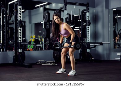 Feminine Fitness Brunette Does Arm And Upper Body Exercises And Uses A Barbell With Gloves. Indoor Gym Concept, Stay Strong And Fit