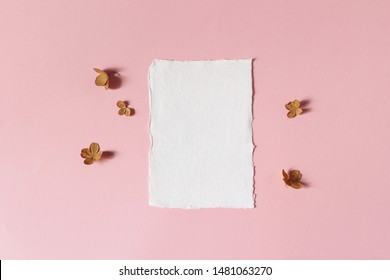 Feminine Floral Wedding, Birthday Stationery Mock-up Scene. Blank Deckled Edge Cotton Paper Greeting Card. Dry Hydrangea Flower Petals On Pink Table Background. Flat Lay, Top View.