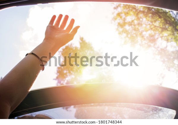 Feminine hand out from open hatch of a\
vehicle on sunny day. Travel lifestyle\
concept
