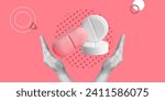 Feminine Health, hormones, concept medicine. Pink and white pills between women