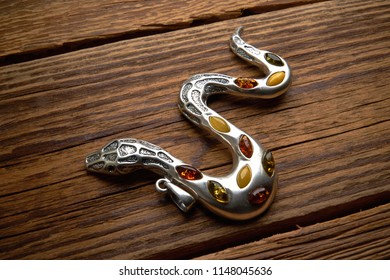 Feminine Jewelry - Pendant, Silver Snake Decorated With Colored Stones