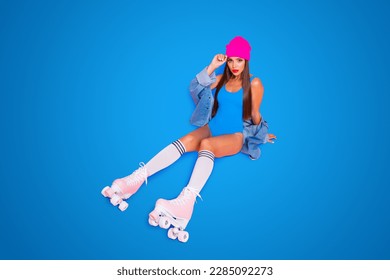 feminine person people concept. Top above high angle view full body length studio photo portrait of beautiful pretty attractive charming lady sitting on floor isolated color vivid background