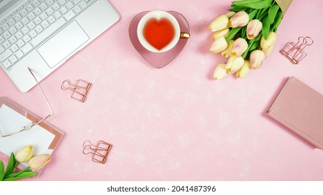 Feminine pink theme desktop workspace with mockups on stylish textured background. Top view blog hero header creative composition flat lay.
