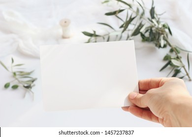 Feminine Wedding, Birthday Greeting Card Mockup Scene With Woman's Hand Holding Blank Paper Card. Blurred Background With Olive Tree Branches And Silk Ribbon. White Table Background.