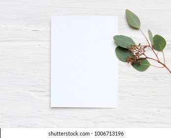 Feminine Wedding Desktop Mock-up With Blank Paper Card And Eucalyptus Populus Branch On  White Shabby Table Background. Empty Space. Styled Stock Photo, Web Banner. Flat Lay, Top View.