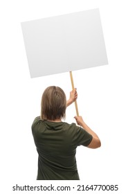 Feminism And Human Rights Concept - Woman With Poster Protesting On Demonstration Over White Background